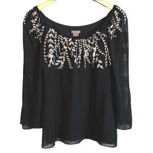 Ann Taylor 100% Silk Chiffon Embroidered 3/4 Sleeve Blouse Black Size 2